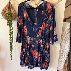 Free People Eyes on You Mini Dress 6 Navy Blue Floral Open Back V-Neck